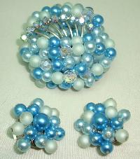 £38.00 - 1950s Teal Blue Pearl Crystal Bead Diamante Brooch and Clip Earrings 