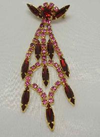 £14.00 - Vintage 50s Deco Style Sparkling Red and Pink Diamante Drop Brooch